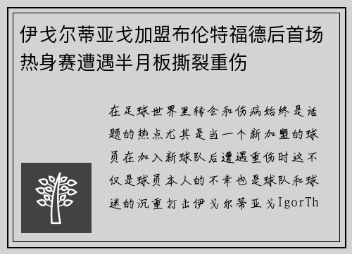伊戈尔蒂亚戈加盟布伦特福德后首场热身赛遭遇半月板撕裂重伤